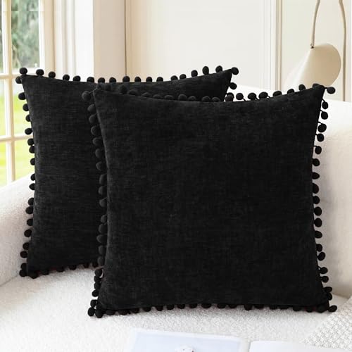 CaliTime Decorative Couch Throw Pillow Covers 16 X 16 Inches Black | Pack of 2, Cozy Chenille Cushion Cases, with Pom Poms for Sofa Bed Living Room Farmhouse Home - color: Black, size: 16" x 16" (Pack of 2)