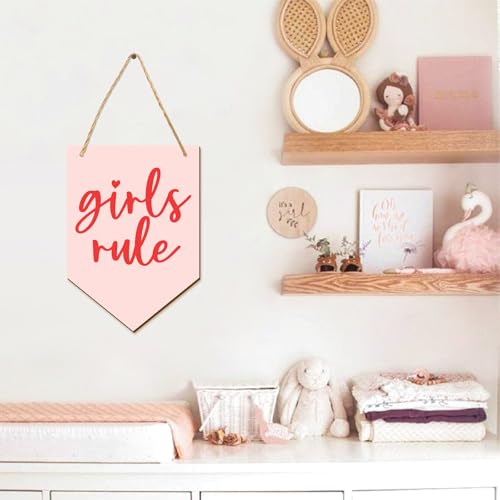 Girls Rule Wooden Hanging Sign Pink Girl Nursery Wall Decor Wood Flag-Shaped Pennant Girly Plaque Wall Art Door Hanger for Toddler Bedroom Playroom Girls Room Decor - color: Banner Rule