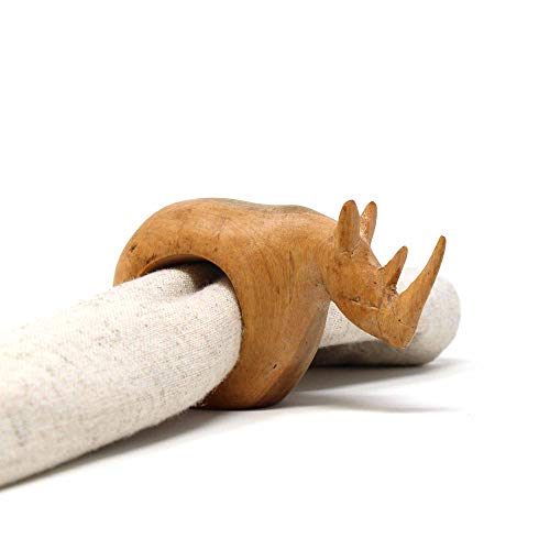Handcarved Mahogany Wooden Napkin Ring Holders, Rhino, Set of 6 (KWF012_R) - color: Rhino