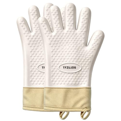 Silicone Oven Gloves with Fingers Heat Resistant 450°F in Kitchen | 1Pair Silicone Oven Mitts, Waterproof, Non-Slip, Extended Cuff Cotton Lined Kitchen Mitts for Baking Cooking Barbecue(White) - style: white