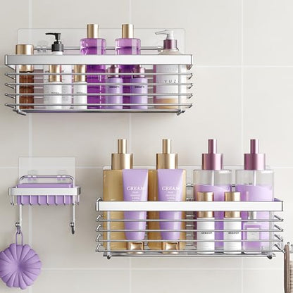Shower Caddy Adhesive 3 Pack Stainless Steel Storage Organizers-Silver | No drilling wall mounted,rust-resistant,large capacity,quick drainage,easy to clean,suitable for bathrooms and kitchens - color: Silver