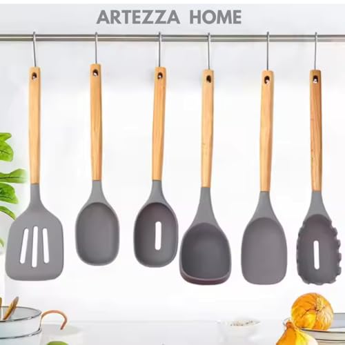 Premium Silicone Kitchen Utensil Set – 7-Piece Cooking Tools with Acacia Wood Handles and Bamboo Holder, Non-Stick, Heat Resistant, BPA-Free, Elegant Kitchen Gift (Grey -7pcs) - color: Gray