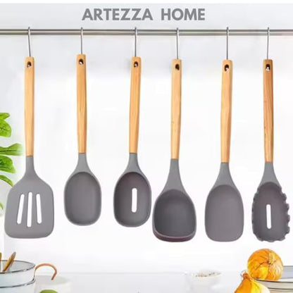 Premium Silicone Kitchen Utensil Set – 7-Piece Cooking Tools with Acacia Wood Handles and Bamboo Holder, Non-Stick, Heat Resistant, BPA-Free, Elegant Kitchen Gift (Grey -7pcs) - color: Gray