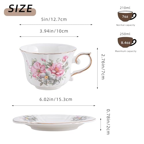 Ceramic Floral Cups with Saucers，7 oz Espresso Cups for Latte Coffee Cafe, Cappuccino and Tea (1, Pink flowers) - color: Pink Flowers