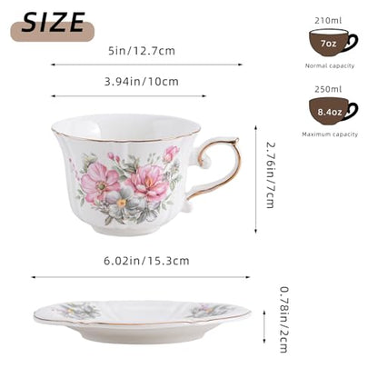 Ceramic Floral Cups with Saucers，7 oz Espresso Cups for Latte Coffee Cafe, Cappuccino and Tea (1, Pink flowers) - color: Pink Flowers
