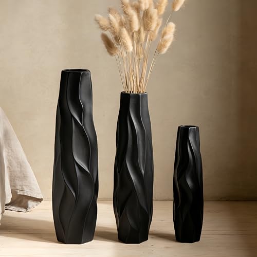 Black Tall Ceramic Floor Vase, 15.7 Inch, Pleated Wave Design | Matte Finish, Narrow Corners, Entryway, Bedroom, Compact Spaces - size: 15.7 Inch