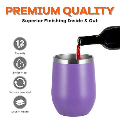 COMOOO Stainless Steel Wine Tumbler Bulk with Lid and Straw 12oz Double Wall Vacuum Insulated Travel Tumbler Cup Stemless for Hot and Cold Drinks, Coffee, Wine, Cocktails (Light Purple, 8 Pack) - color: Light Purple