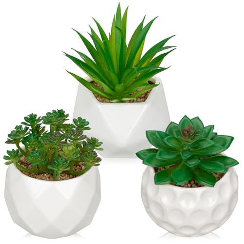 Briful Artificial Succulents Plants in Ceramic Pots, 3 Pack Faux Succulent Set with White Geometric Planters – Modern Desk Decor for Home Office Shelf Bathroom, Small Fake Plants Potted - color: White# 3pcs