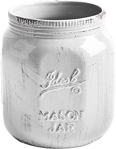 Ceramic Utensil Crock Utensil Holder (Mason Jar Antique White 6" High)