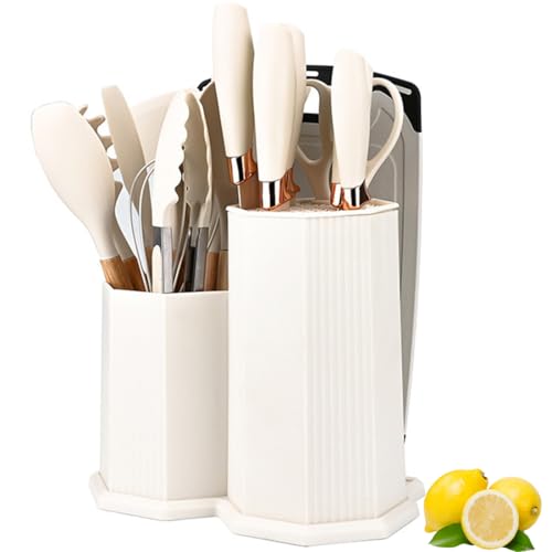 Kitchen Utensils Set,19 Pcs Cooking Tools and Knives Set,Cutting Board, Silverware Set, with Utensil Holder Precision Cutting and Organized Dining Kitchen Tool (White) - color: White