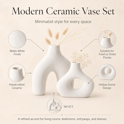 White Ceramic Donut Vase Set of 2, Modern Boho Table Decor | Ideal for mantels, consoles, dining tables, entryways, bedrooms, offices, shelves, coffee tables and nightstands.