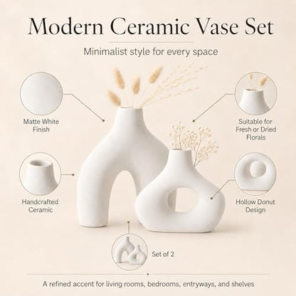 White Ceramic Donut Vase Set of 2, Modern Boho Table Decor | Ideal for mantels, consoles, dining tables, entryways, bedrooms, offices, shelves, coffee tables and nightstands.