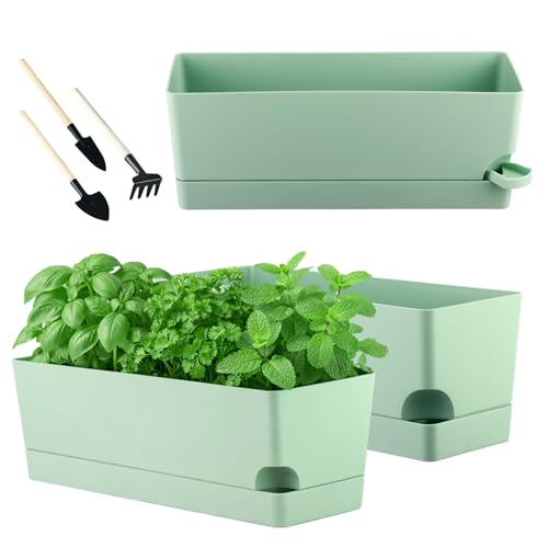 Party Zealot Window Boxes Planters, 3 Pack Self Watering Pots for Indoor Plants 17 Inch Rectangular Planter Rectangle Flower Pots Long Plant Pot Large Window Sill Herb Planter Box, Green - color: Green