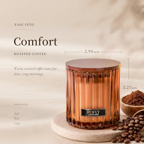 Roasted Coffee Scented Candle, 5.29 oz Soy Wax Blend for Home | Rich Roasted Coffee scent in hand-poured soy wax blend, ribbed amber glass, solid wood lid and metal plaque for home decor