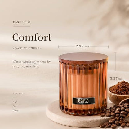 Roasted Coffee Scented Candle, 5.29 oz Soy Wax Blend for Home | Rich Roasted Coffee scent in hand-poured soy wax blend, ribbed amber glass, solid wood lid and metal plaque for home decor