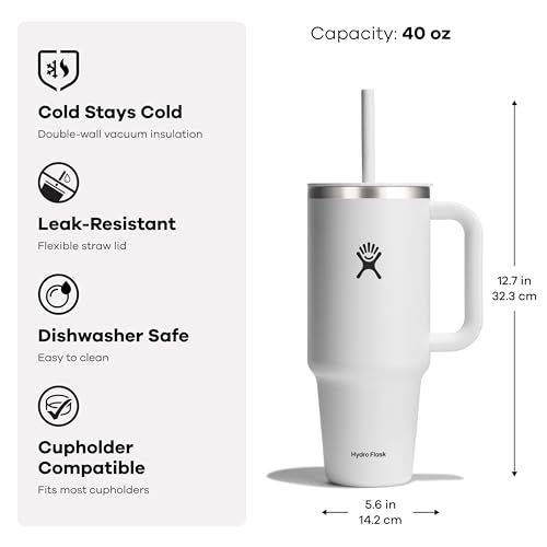 Hydro Flask Travel Tumbler with Handle, Lid and Straw - Insulated Stainless Steel in 40 Oz Cascade - color: Cascade, size: 40 Ounces