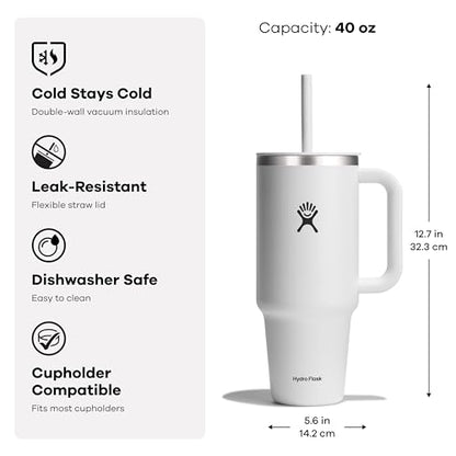 Hydro Flask Travel Tumbler with Handle, Lid and Straw - Insulated Stainless Steel in 40 Oz Cascade - color: Cascade, size: 40 Ounces