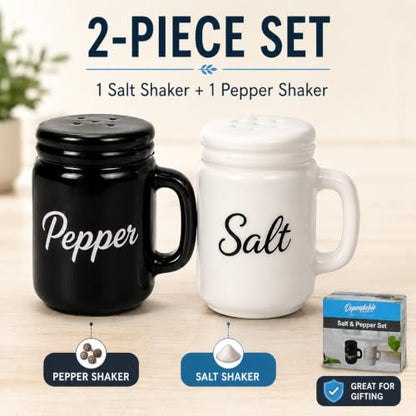 Farmhouse Salt and Pepper Shakers Ceramic Mason Jar 2 oz Set with Handles | Petite 2.5-inch tabletop size · Removable bottom plugs · Dishwasher safe