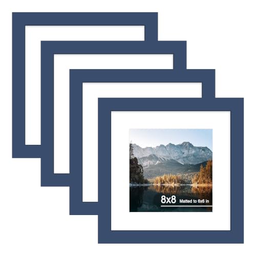 8x8 Picture Frame Set of 4 with Real Glass, Wall & Tabletop Display | Fits 6x6 with Mat or 8x8 without Mat, Crystal-Clear Viewing for Family Photos and Gallery Walls, Blue - color: Blue, size: 8x8 in