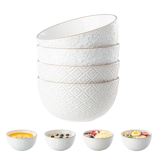 26 oz Ceramic Soup Bowls, Cereal Bowls Set of 4 – Oven & Microwave Safe French Onion Soup Bowls, Unique Embossed Patterns, Dishwasher Safe for Soups, Stews & Desserts