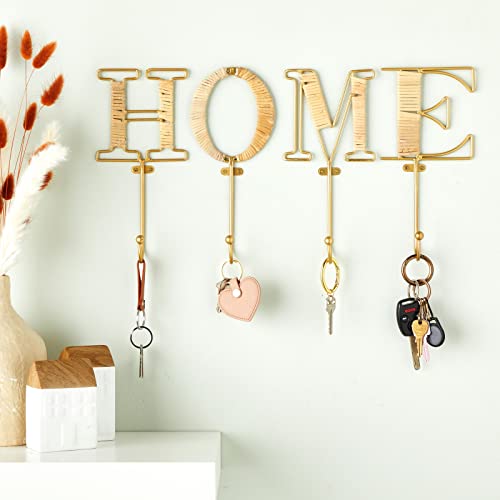 Okuna Outpost 4-Piece Key Holder Wall Mount - Hooks That Spell Home & Rattan Key Hooks - Gold Wall Mount Letter Holder - Vertical/Horizontal Mounting & Room Decor - Gold, Home Letters, 4 x 10 in