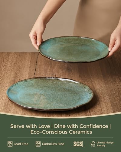 Stoneware Serving Platters, Oval 13.18/11.92 inch Serving Dishes for Entertaining, Ceramic Serving Trays for Party, Fruit, Turkey, Cheese, Trays for Serving Food, Microwave Safe, Brown Green