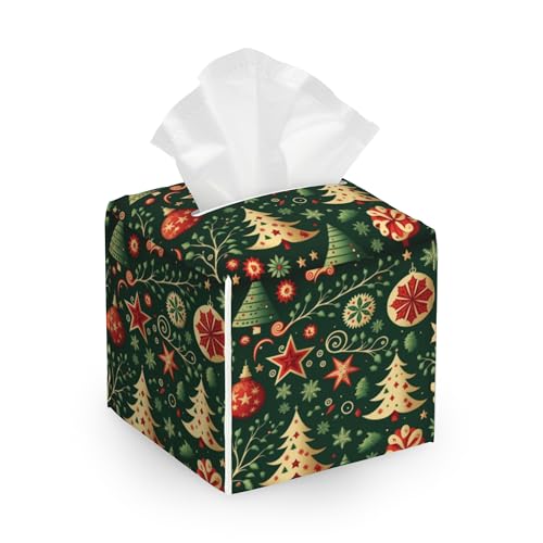 Tissue Box Cover Holder, Christmas Balls Tree Square with Bottom Belt by PU Leather Decorative Organizer for Tabletop, Bathroom, Car, Office - color: Christmas Balls Tree