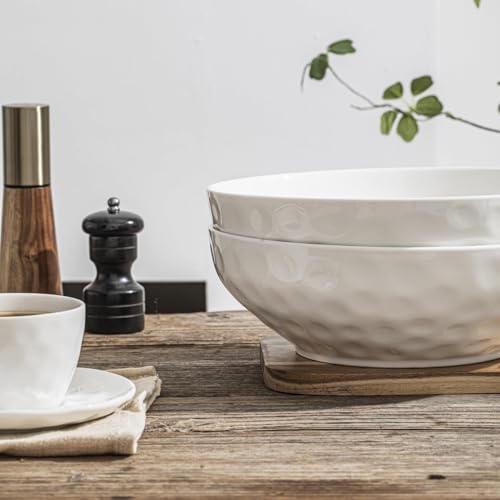 HOMBENE Large Pasta Bowls Set of 2, 9 Inch Pasta Serving Bowl Dinner Bowls, Wide and Shallow Microwave Dishwasher Safe Bowl Set of 2 - color: White, size: 9.5 IN