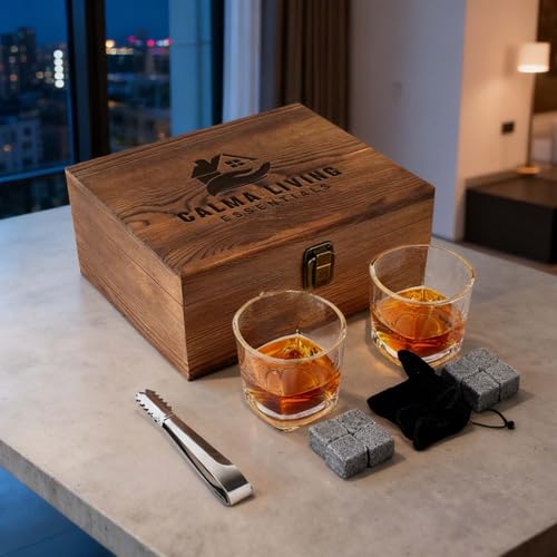 Whiskey Stones Gift Set with 10oz Lead-Free Crystal Whiskey Glass, Reusable Chilling Stones, Velvet Bag & Stainless Steel Tongs – Luxury Wooden Box Gift for Men