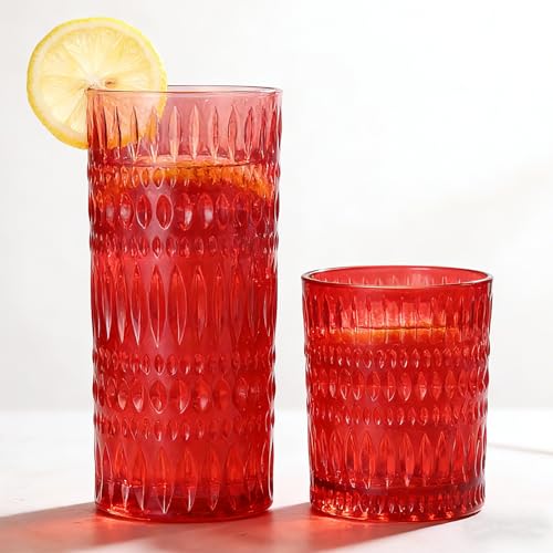 Loivttvv Glassware Drinking Glasses Set of 8, 14 oz Highball Glasses & 10 oz Ribbed Glass Cups, Vintage Glassware for Water, Juice, Cocktail (Christmas Red) - color: Red