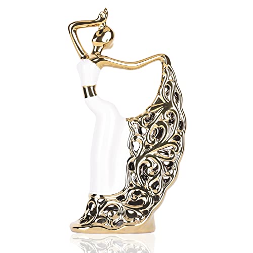 DOVDOV Peacock Statue and Sculpture, Female Dancer Sculpture, Modern Home Golden Ceramic Statue for Coffee Table, Entrance, Living Room, Bedroom Office Decoration Accessories (White Gold) - color: White Gold