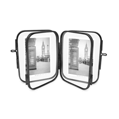 Isaac Jacobs 2x3 Black Double-Sided Metal Floating Photo Frame w/ClaspLock | Double-Sided Round-Edged Brass & Glass Metal Floating Picture Frame Locket Closure (Vertical), Tabletop (2x3, Black) - color: Black, size: 2x3