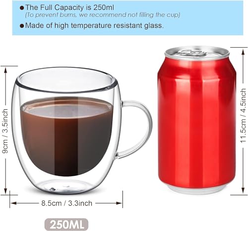 8 oz/250ml Double Walled Glass Coffee Mugs, Clear Coffee Cups and Mugs Set of 4, Cappuccino Latte Macchiato Glasses Cups with Handle, Espresso Mug Cups for Latte, Hot/Cold Drink - size: 8 oz/250ml