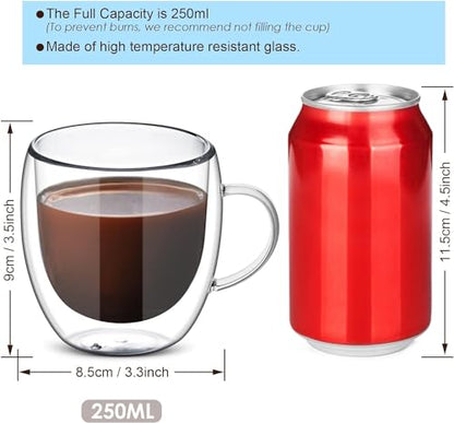 8 oz/250ml Double Walled Glass Coffee Mugs, Clear Coffee Cups and Mugs Set of 4, Cappuccino Latte Macchiato Glasses Cups with Handle, Espresso Mug Cups for Latte, Hot/Cold Drink - size: 8 oz/250ml