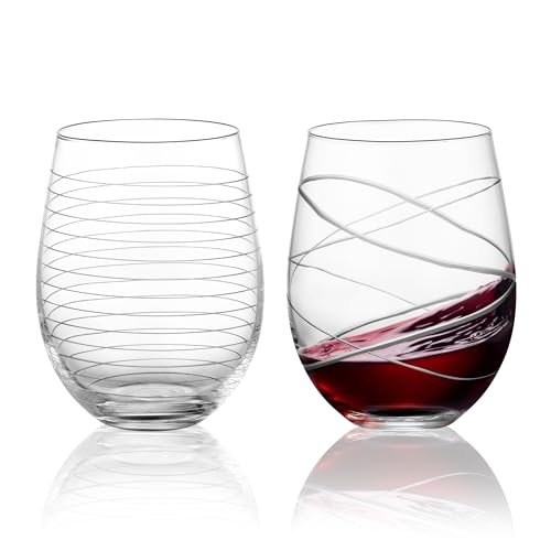 Joeyan Hand Blown Etched Stemless Wine Glasses with Strips Swirls Pattern for Red Wine,Large Carved Drinking Glass Cups Tumblers for Wedding Anniversary Party Home,Set of 2, 17.5 oz, Dishwasher Safe - color: Etched Swirls Horizontal Stripes Patterned