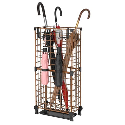 AWTATOS Umbrella Holder Entryway, Umbrella Stand Freestanding, Brown | Metal Square Umbrella Rack Organizer with a Removable Drip Tray, Hooks - color: Brown