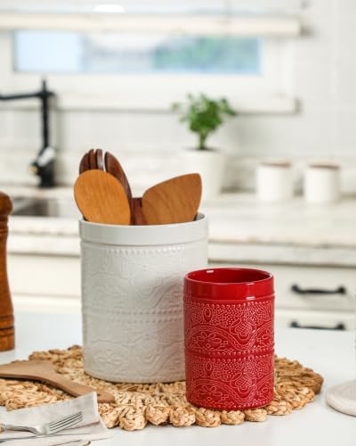 Kitchen Utensil Holder, 7.2" Super Large Utensil Crock Heavy and Stable Lace Emboss Ceramic Utensil Holder for Kitchen Counter (Bright White) - color: Bright White