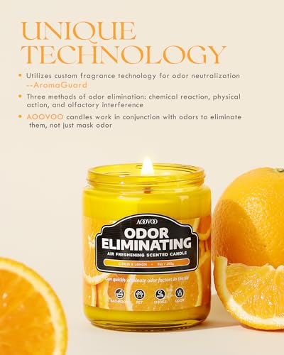 AOOVOO Citrus Lemon 2 Pack Odor Eliminating Candle - 18oz Soy Candle | Eliminates 95% of Pet, Smoke, Food, and Other Smells Quickly, Non Toxic Air Freshing Candle, Up to 100 Hours Burn time - size: 18 Ounce (Pack of 2)