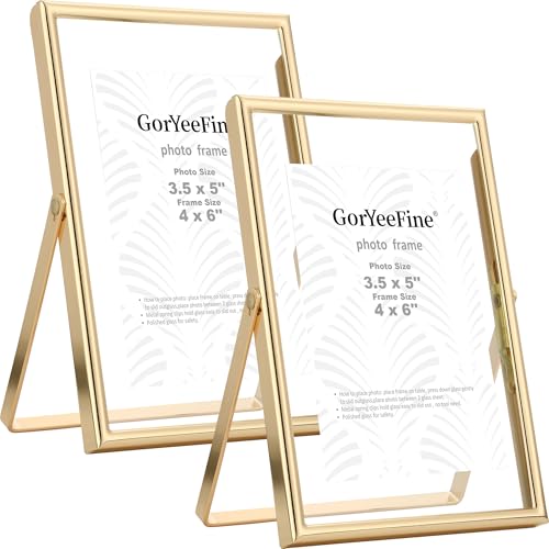 Gold 4x6 Floating Frame 2pack for picture(2x3'',3.5x5''),Adjustable Tabletop/Shelf floating Photo Frame 2x3'',Classy Metal Gift Frames for Wedding,Christmas,Birthady,Home or Office Decor. - color: Gold, size: 4x6''For 3.5x5''2PK