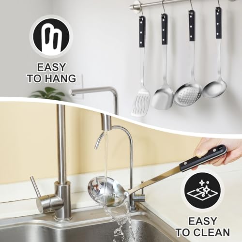 Pleafind 4-Pcs Cooking Utensils Set, Stainless Steel Kitchen Utensils, Mirror Polished Kitchen Essentials Set Include Wok Ladle, Slotted Spoon, Wok Spatula ＆Slotted Spatula, Dishwasher Safe - color: 4P-Grey