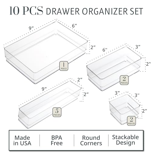 STORi SimpleSort 10-Piece Stackable Clear Drawer Organizer Set | Multi-size Trays | Makeup Vanity Storage Bins and Office Desk Drawer Dividers | Made in USA - size: 10 piece set, style: 10 Piece Set