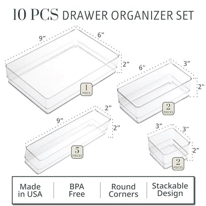 STORi SimpleSort 10-Piece Stackable Clear Drawer Organizer Set | Multi-size Trays | Makeup Vanity Storage Bins and Office Desk Drawer Dividers | Made in USA - size: 10 piece set, style: 10 Piece Set