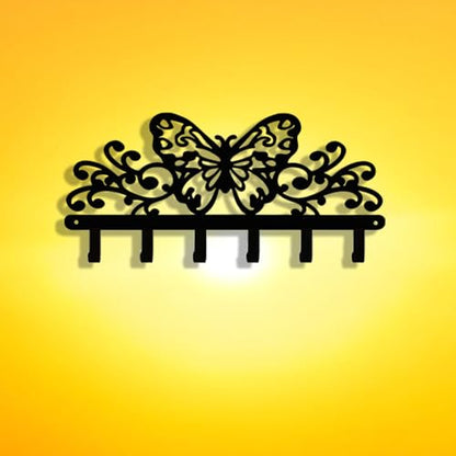 Butterfly 6‑Hook Black Metal Wall Rack, Entryway Organizer for Keys Coats Hats Towels Decor