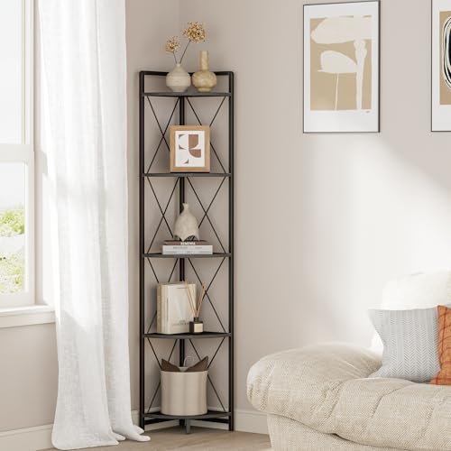 5 Tier Corner Shelf Stand, 64" H Tall Corner Bookshelf, Black | Industrial Metal Corner Shelf for Living Room Decor, Plant Stand Display Shelf for Bedroom, Bathroom, Small Spaces - color: Black, size: 11.8"D x 11.8"W x 64.2"H