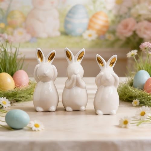 Easter Rabbit Figurine Cute Rabbit Three Donts: Dont Listen, Dont Speak, Dont Look Desk Display Ornament Easter Statue for Home and Office Tabletop Decor Supplies creates a Fresh and Gentle Atmosphere - color: 60-rabbit Figurine