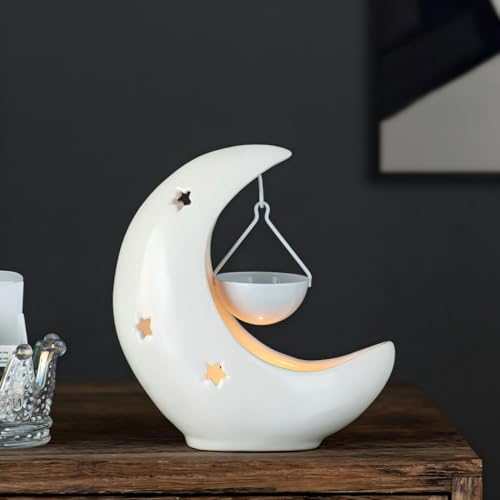 Moon & Star Ceramic Wax Melt Warmer, Hanging Tealight Oil Burner, Aromatherapy Candle Holder for Home Decor, Bedroom, Spa, Boho Gift for Women, Mom Black