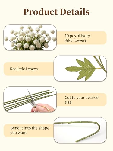 Faux Silk Chrysanthemum, Ivory, 10 Pcs | Artificial Flowers, Mini Fake Mums with Stems, DIY Bouquets, Wedding Centerpieces, Vase Fillers - color: Ivory