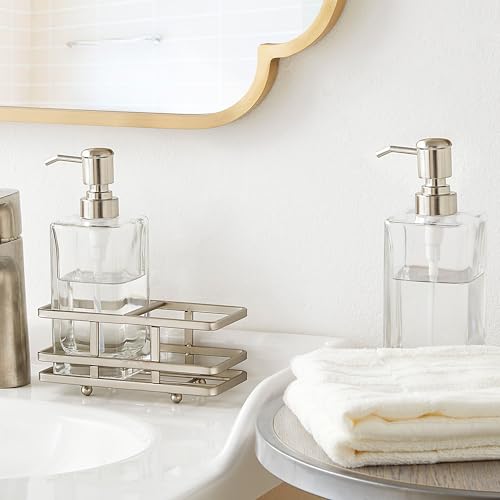 Square Glass Clear Lotion and Soap Pump Dispenser Set with Metal Stand Caddy for Bathroom Bath Kitchen Home Office Travel Hotel Hand Crafted Heavy Weight Nickel - color: Nickel