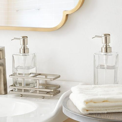 Square Glass Clear Lotion and Soap Pump Dispenser Set with Metal Stand Caddy for Bathroom Bath Kitchen Home Office Travel Hotel Hand Crafted Heavy Weight Nickel - color: Nickel