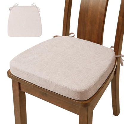 D-Shaped Chair Cushions Set of 1, Chair Pads with Ties, 17" x 16" | 2" Thick Non Slip Seat Cushion for Dining & Kitchen Chairs, 40D Foam, Removable Washable Cover, Beige - color: Beige